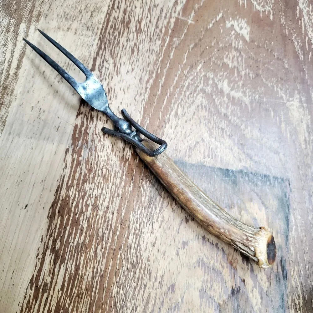 Antique Stag Antler Handle Meat Carving Serving Fork with Built-in Stand